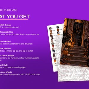 May include: A digital art kit featuring a numbered color reference sheet, a line art template, and a finished illustration of a house entrance with pumpkins and a black cat on steps. Text includes INSIDE THE PURCHASE and WHAT YOU GET.