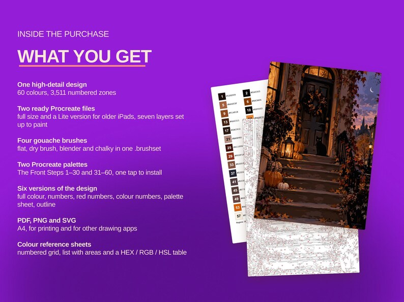 May include: A digital art kit featuring a numbered color reference sheet, a line art template, and a finished illustration of a house entrance with pumpkins and a black cat on steps. Text includes INSIDE THE PURCHASE and WHAT YOU GET.
