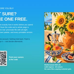 May include: A digital graphic featuring a QR code and text reading TRY BEFORE YOU BUY, NOT SURE? TAKE ONE FREE. Next to it is a still life illustration of sunflowers in a pitcher, a moka pot, peaches in a bowl, and figs on a plate.