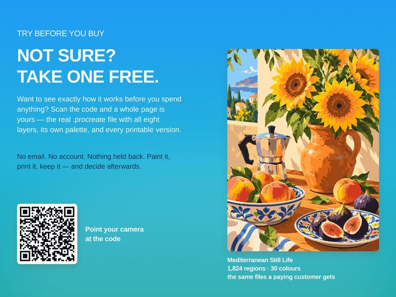 May include: A digital graphic featuring a QR code and text reading TRY BEFORE YOU BUY, NOT SURE? TAKE ONE FREE. Next to it is a still life illustration of sunflowers in a pitcher, a moka pot, peaches in a bowl, and figs on a plate.