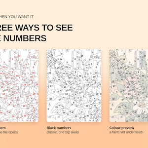 May include: A paint-by-numbers guide titled ONLY WHEN YOU WANT IT THREE WAYS TO SEE THE NUMBERS. It displays three panels: one with red numbers, one with black numbers, and one with a faint color preview, each showing a floral line drawing.
