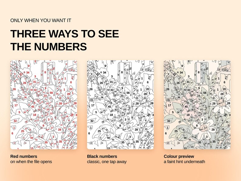 May include: A paint-by-numbers guide titled ONLY WHEN YOU WANT IT THREE WAYS TO SEE THE NUMBERS. It displays three panels: one with red numbers, one with black numbers, and one with a faint color preview, each showing a floral line drawing.