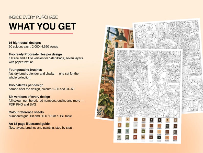 May include: A digital art kit featuring 16 high-detail designs with 60 colors each, including Procreate files, four gouache brushes, two color palettes per design, six file versions, color reference sheets, and an 18-page illustrated guide.