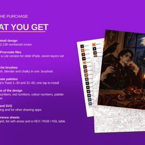 May include: A digital art kit on a purple background featuring text: INSIDE THE PURCHASE WHAT YOU GET. It includes a numbered color reference sheet, a line art outline, and a finished illustration of a person with a raven by a window.