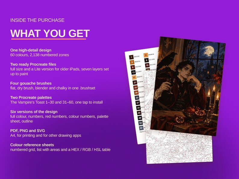 May include: A digital art kit on a purple background featuring text: INSIDE THE PURCHASE WHAT YOU GET. It includes a numbered color reference sheet, a line art outline, and a finished illustration of a person with a raven by a window.