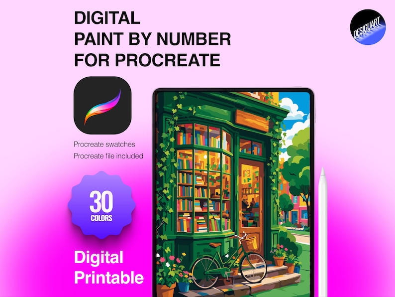 May include: A digital paint by number for Procreate featuring a green bookstore with a bicycle parked in front. The text reads: DIGITAL PAINT BY NUMBER FOR PROCREATE, Procreate swatches, Procreate file included, 30 COLORS, and Digital Printable.