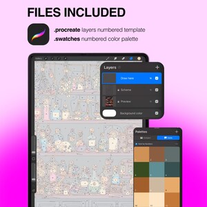 May include: A digital Procreate template featuring a numbered paint-by-number illustration of shelves filled with various bottles and jars. The interface displays a layers panel, a color palette with numbered swatches, and the text FILES INCLUDED.