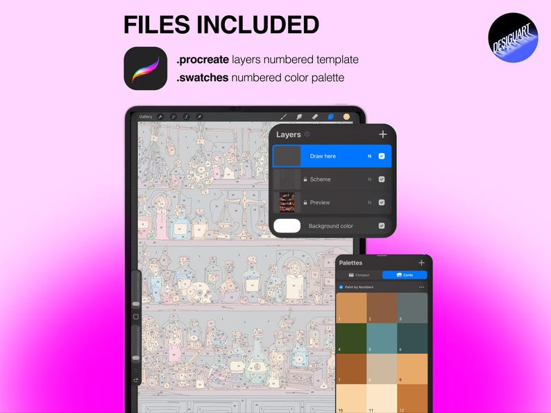 May include: A digital Procreate template featuring a numbered paint-by-number illustration of shelves filled with various bottles and jars. The interface displays a layers panel, a color palette with numbered swatches, and the text FILES INCLUDED.
