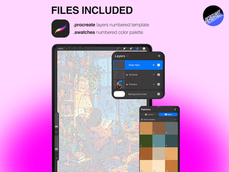 May include: A digital paint-by-number template for Procreate featuring a numbered layer system and a numbered color palette. The interface displays a scene of a person reading in a chair, with a layers menu and a palette window visible on screen.