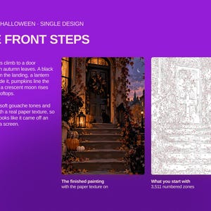 May include: A paint-by-number kit titled The Front Steps featuring a gothic Halloween scene. The set includes a finished painting of stone steps with a black cat, pumpkins, and a glowing lantern, alongside a white outline template with 3,511 numbered zones.