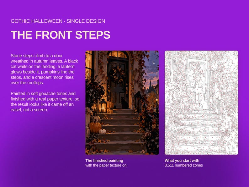 May include: A paint-by-number kit titled The Front Steps featuring a gothic Halloween scene. The set includes a finished painting of stone steps with a black cat, pumpkins, and a glowing lantern, alongside a white outline template with 3,511 numbered zones.