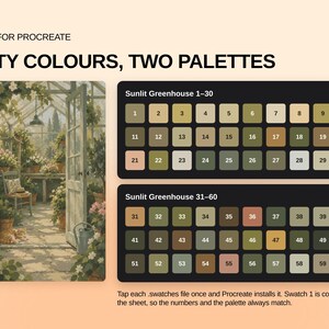 May include: A digital color palette set for Procreate titled Sixty Colours, Two Palettes. It features an illustration of a sunlit greenhouse with flowers and two rectangular grids containing sixty numbered color swatches in earthy green, brown, and floral tones.