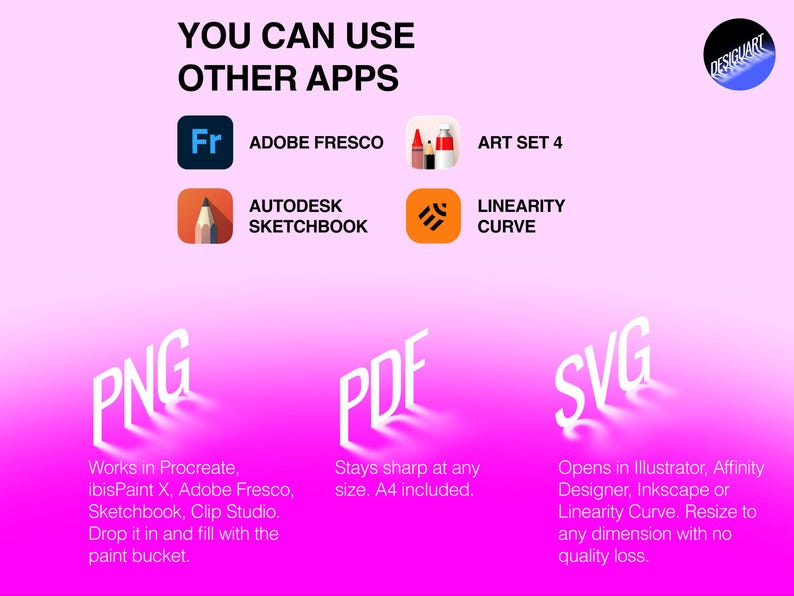 May include: A digital graphic on a pink gradient background featuring the text YOU CAN USE OTHER APPS with icons for Adobe Fresco, Art Set 4, Autodesk Sketchbook, and Linearity Curve. Below are PNG, PDF, and SVG labels with descriptive text.