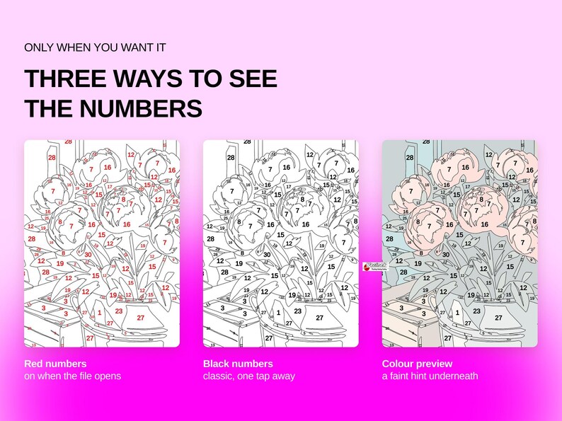 May include: A digital paint-by-number guide titled ONLY WHEN YOU WANT IT THREE WAYS TO SEE THE NUMBERS. It displays three versions of a floral bouquet illustration: one with red numbers, one with black numbers, and one with a faint color preview.