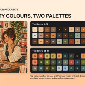 May include: A digital color palette set for Procreate titled Sixty Colours, Two Palettes. It features an illustration of a barista in a cafe and two dark rectangular panels containing sixty numbered color swatches in various earthy tones.
