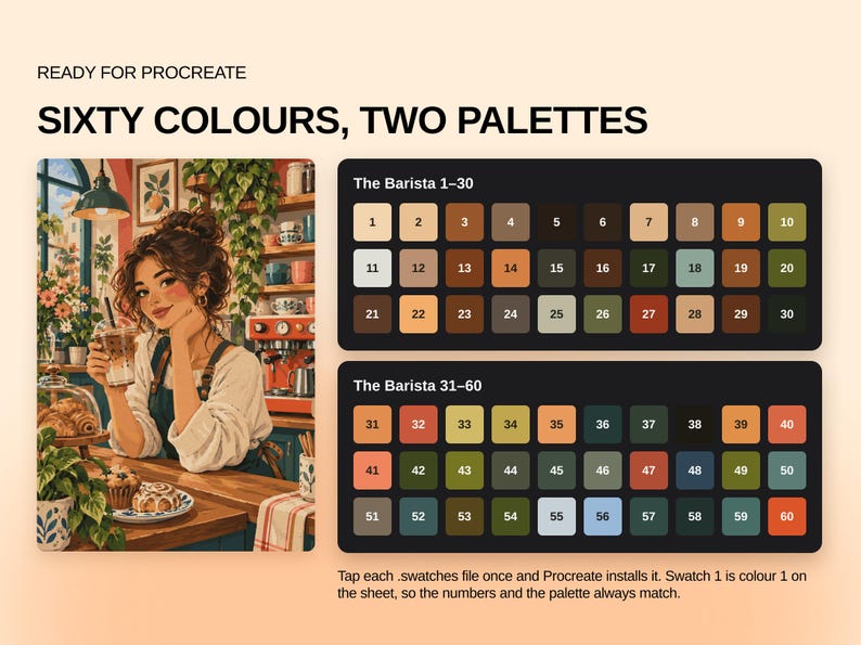 May include: A digital color palette set for Procreate titled Sixty Colours, Two Palettes. It features an illustration of a barista in a cafe and two dark rectangular panels containing sixty numbered color swatches in various earthy tones.