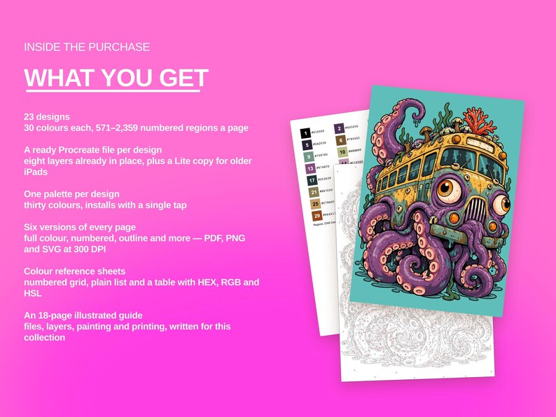 Puede incluir: Una colecci&oacute;n de coloreado digital con 23 dise&ntilde;os de 30 colores cada uno. Incluye archivos Procreate, paletas y hojas de referencia. La imagen principal muestra un autob&uacute;s amarillo con ojos grandes y tent&aacute;culos morados sobre un fondo turquesa.
