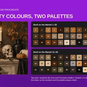May include: A digital color palette set for Procreate titled Sixty Colours, Two Palettes. It features a still life image of a skull, pumpkins, and a candle on a mantel, alongside two grids containing sixty numbered color swatches in earth tones.