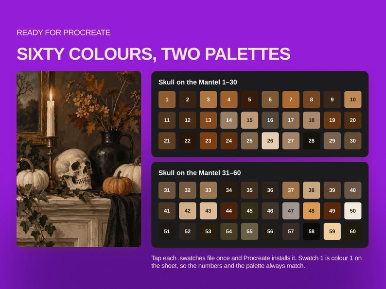 May include: A digital color palette set for Procreate titled Sixty Colours, Two Palettes. It features a still life image of a skull, pumpkins, and a candle on a mantel, alongside two grids containing sixty numbered color swatches in earth tones.