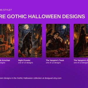 May include: A digital display featuring four rectangular gothic Halloween illustrations titled The Fireside Armchair, Night Prowler, The Vampire's Toast, and The Vampire's Stair. Each image is labeled as one of 13 designs with text at the top and bottom.