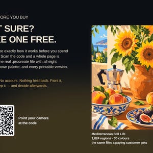 May include: A digital illustration of a Mediterranean still life featuring a vase of sunflowers, a silver moka pot, a bowl of peaches, and a plate of figs. Text includes TRY BEFORE YOU BUY, NOT SURE? TAKE ONE FREE, and a QR code for scanning.
