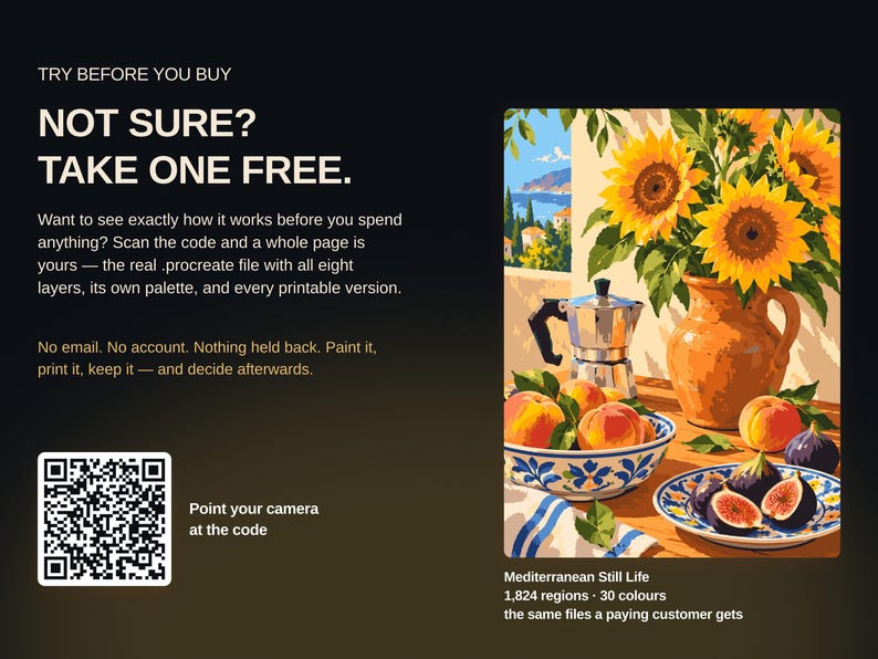 May include: A digital illustration of a Mediterranean still life featuring a vase of sunflowers, a silver moka pot, a bowl of peaches, and a plate of figs. Text includes TRY BEFORE YOU BUY, NOT SURE? TAKE ONE FREE, and a QR code for scanning.