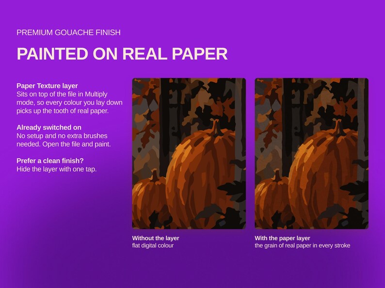 May include: A digital graphic on a purple background featuring the text PREMIUM GOUACHE FINISH PAINTED ON REAL PAPER. It displays two side-by-side pumpkin illustrations, one labeled Without the layer flat digital colour and one With the paper layer.