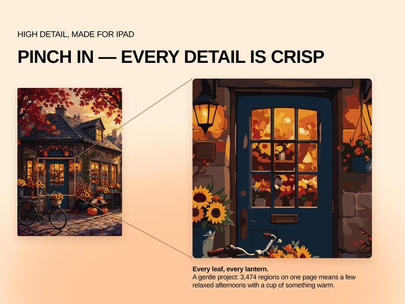 May include: A digital illustration of a cottage exterior with a blue door, sunflowers, and a bicycle, featuring the text: HIGH DETAIL, MADE FOR IPAD, PINCH IN &mdash; EVERY DETAIL IS CRISP, Every leaf, every lantern. A gentle project: 3,474 regions on one page.