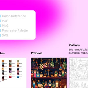 May include: A digital file set on a pink gradient background featuring a file list with Color-Reference, PDF, PNG, Procreate-Palette, and SVG folders. Includes a numbered color swatch chart, a preview of a potion shop, and a line art outline.
