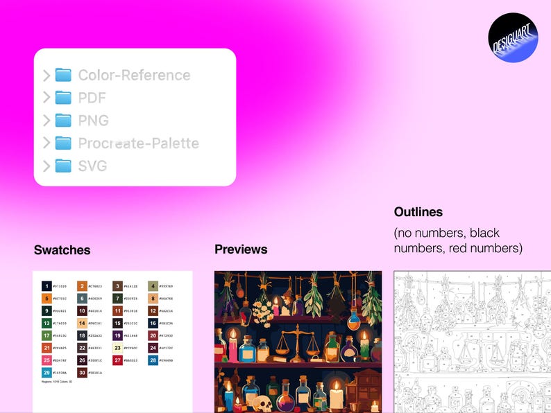 May include: A digital file set on a pink gradient background featuring a file list with Color-Reference, PDF, PNG, Procreate-Palette, and SVG folders. Includes a numbered color swatch chart, a preview of a potion shop, and a line art outline.