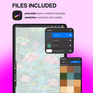 May include: A digital paint-by-number template for Procreate featuring two pink flamingos in a pond with lotus flowers. The file includes a numbered layers template and a numbered color palette swatch set, displayed on a tablet screen interface.