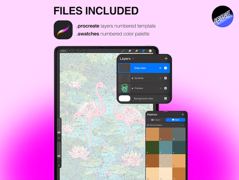 May include: A digital paint-by-number template for Procreate featuring two pink flamingos in a pond with lotus flowers. The file includes a numbered layers template and a numbered color palette swatch set, displayed on a tablet screen interface.