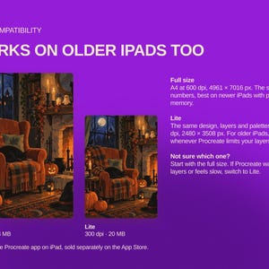 May include: A purple informational graphic titled IPAD COMPATIBILITY WORKS ON OLDER IPADS TOO. It displays two versions of a cozy Halloween living room illustration, labeled Full size at 600 dpi and 38 MB, and Lite at 300 dpi and 20 MB.