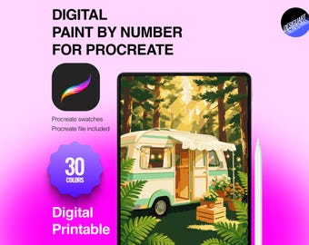 Pode incluir: Um conjunto digital de pintura por números para Procreate com uma caravana vintage numa floresta. A imagem inclui o texto 'DIGITAL PAINT BY NUMBER FOR PROCREATE', '30 COLORS' e 'Digital Printable', um ícone Procreate e uma caneta stylus.