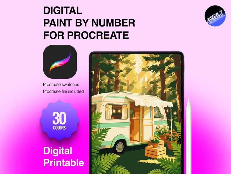 May include: A digital paint by number set for Procreate featuring a vintage camper in a forest setting. The graphic includes the text 'DIGITAL PAINT BY NUMBER FOR PROCREATE', '30 COLORS', and 'Digital Printable', alongside a Procreate icon and stylus.