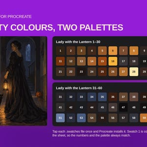May include: A digital colour palette set for Procreate titled Sixty Colours, Two Palettes. It features an illustration of a person in a black gown holding a lantern next to a black cat, alongside two grids of numbered colour swatches from 1 to 60.