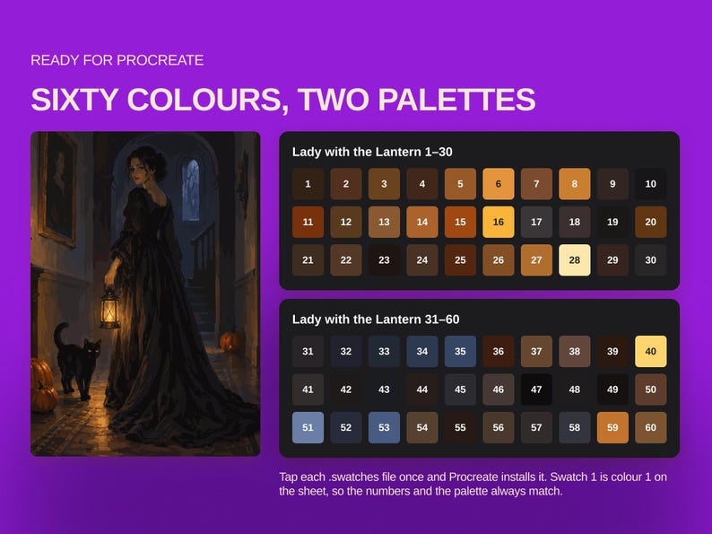 May include: A digital colour palette set for Procreate titled Sixty Colours, Two Palettes. It features an illustration of a person in a black gown holding a lantern next to a black cat, alongside two grids of numbered colour swatches from 1 to 60.