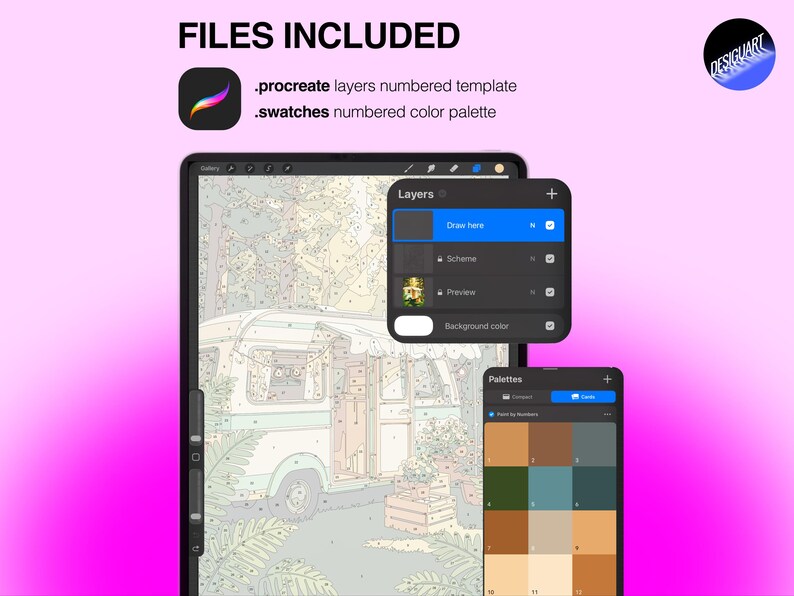May include: A digital paint-by-number template for Procreate featuring a vintage camper van illustration. The interface displays a layers panel with options for drawing, scheme, and preview, alongside a numbered color palette swatch set.