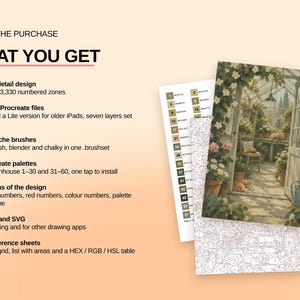 May include: A digital painting kit for Procreate featuring a sunlit greenhouse scene with potted plants and a chair. The text lists contents including 60 colors, 3,330 numbered zones, two Procreate files, four gouache brushes, and color reference sheets.