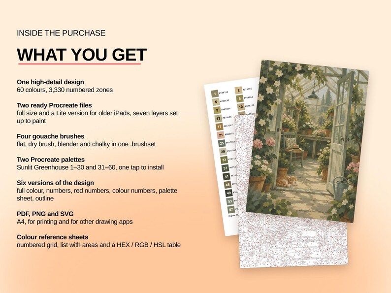 May include: A digital painting kit for Procreate featuring a sunlit greenhouse scene with potted plants and a chair. The text lists contents including 60 colors, 3,330 numbered zones, two Procreate files, four gouache brushes, and color reference sheets.