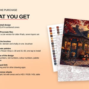 May include: A digital art kit featuring a color-by-number illustration of an autumn flower shop with a bicycle, accompanied by a numbered color reference sheet and a line art outline. Text lists contents including Procreate files and brushes.