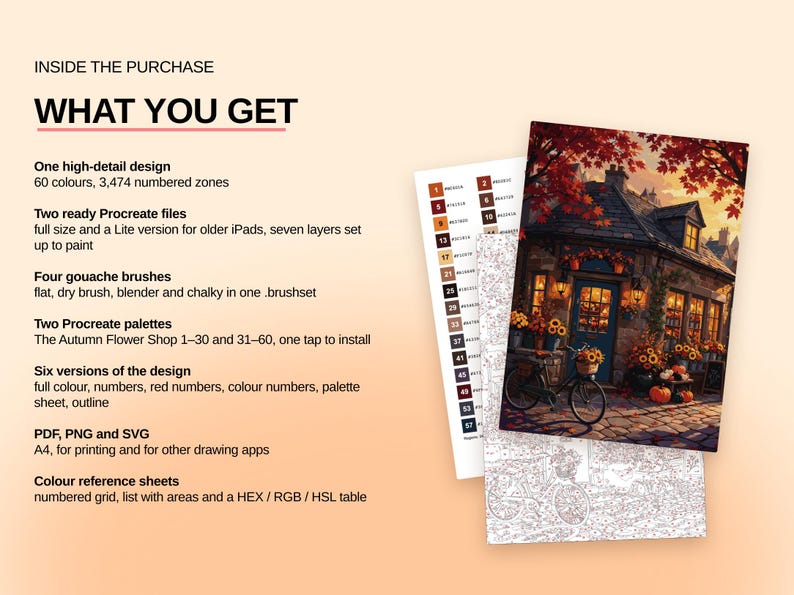 May include: A digital art kit featuring a color-by-number illustration of an autumn flower shop with a bicycle, accompanied by a numbered color reference sheet and a line art outline. Text lists contents including Procreate files and brushes.