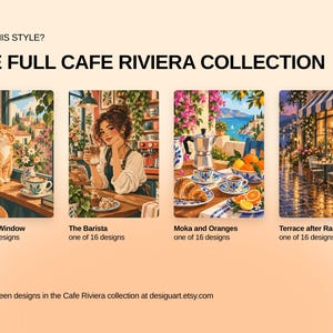 May include: A collection of four illustrated art prints titled The Full Cafe Riviera Collection. The images depict a cat at a window, a barista, a moka pot with oranges, and a cafe terrace after rain. Each print is one of sixteen designs.