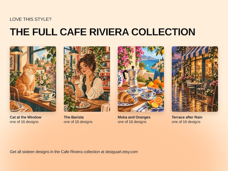 May include: A collection of four illustrated art prints titled The Full Cafe Riviera Collection. The images depict a cat at a window, a barista, a moka pot with oranges, and a cafe terrace after rain. Each print is one of sixteen designs.