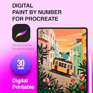 May include: Digital paint by number for Procreate featuring a tablet displaying a colorful illustration of a yellow tram on a city street with buildings and flowers. Includes 30 colors, Procreate swatches, and a Procreate file. Text reads Digital Paint By Number For Procreate, Procreate swatches, Procreate file included, 30 Colors, and Digital Printable.