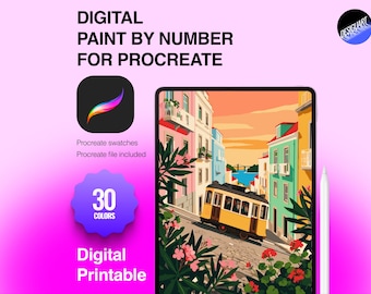 May include: Digital paint by number for Procreate featuring a tablet displaying a colorful illustration of a yellow tram on a city street with buildings and flowers. Includes 30 colors, Procreate swatches, and a Procreate file. Text reads Digital Paint By Number For Procreate, Procreate swatches, Procreate file included, 30 Colors, and Digital Printable.