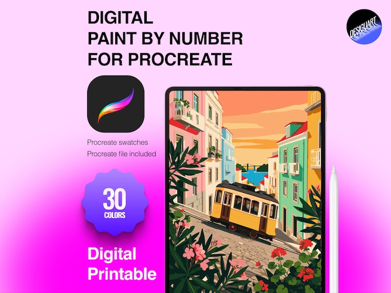 May include: Digital paint by number for Procreate featuring a tablet displaying a colorful illustration of a yellow tram on a city street with buildings and flowers. Includes 30 colors, Procreate swatches, and a Procreate file. Text reads Digital Paint By Number For Procreate, Procreate swatches, Procreate file included, 30 Colors, and Digital Printable.
