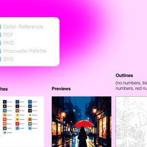 May include: A digital file set featuring a folder list with Color-Reference, PDF, PNG, Procreate-Palette, and SVG. Includes a numbered color swatch chart, a preview of a person with a red umbrella on a rainy street, and a line art outline version.