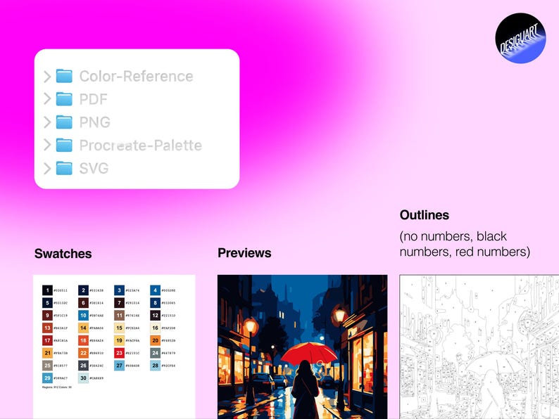 May include: A digital file set featuring a folder list with Color-Reference, PDF, PNG, Procreate-Palette, and SVG. Includes a numbered color swatch chart, a preview of a person with a red umbrella on a rainy street, and a line art outline version.