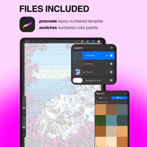 Puede incluir: Una plantilla de arte digital para Procreate que presenta un paisaje de pueblo mediterr&aacute;neo numerado para pintar. Incluye un panel de capas con opciones para dibujo, esquemas y vistas previas, adem&aacute;s de un conjunto de muestras de paleta de colores numerada.